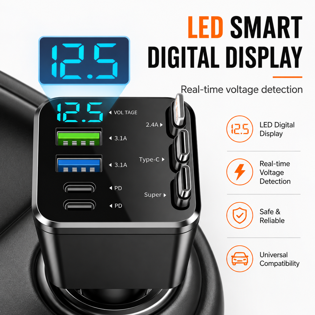 AXTRO 180W 7-in-1 Retractable Car Charger
