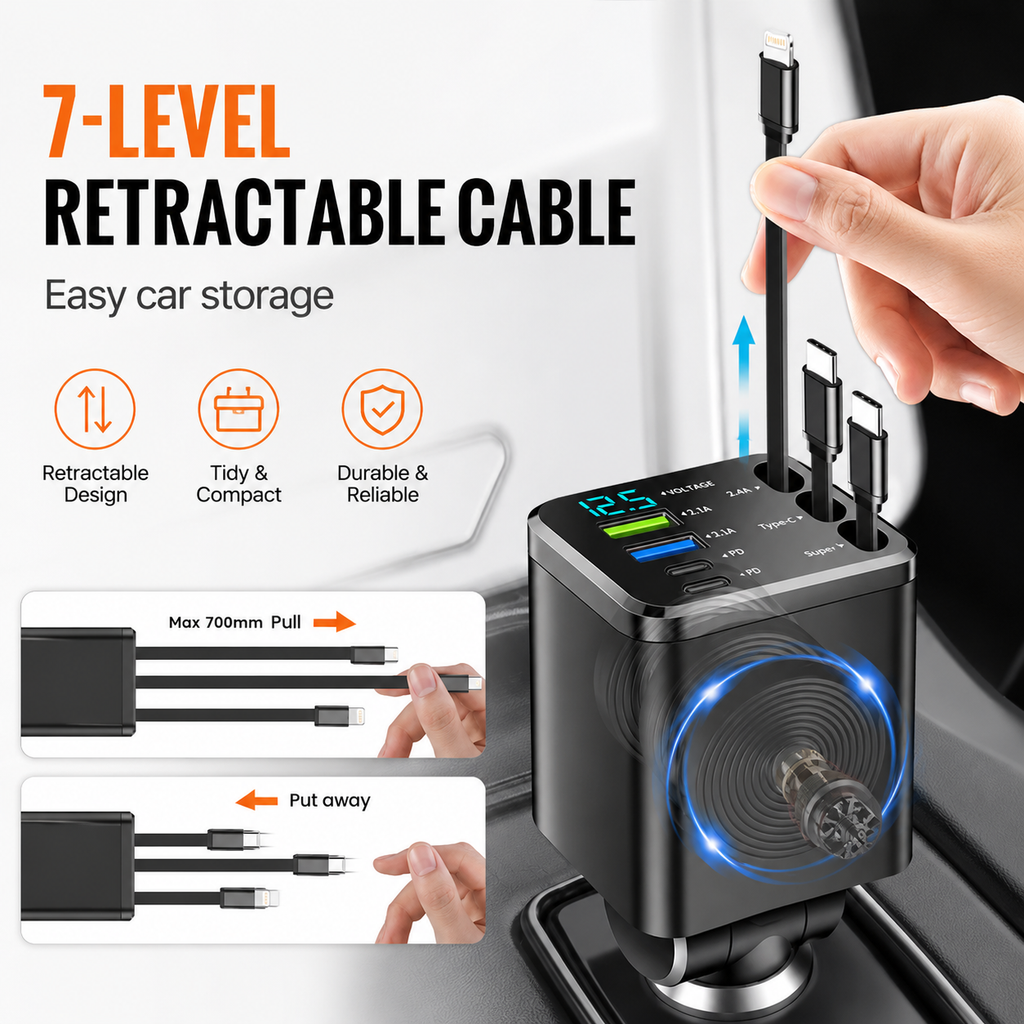 AXTRO 180W 7-in-1 Retractable Car Charger
